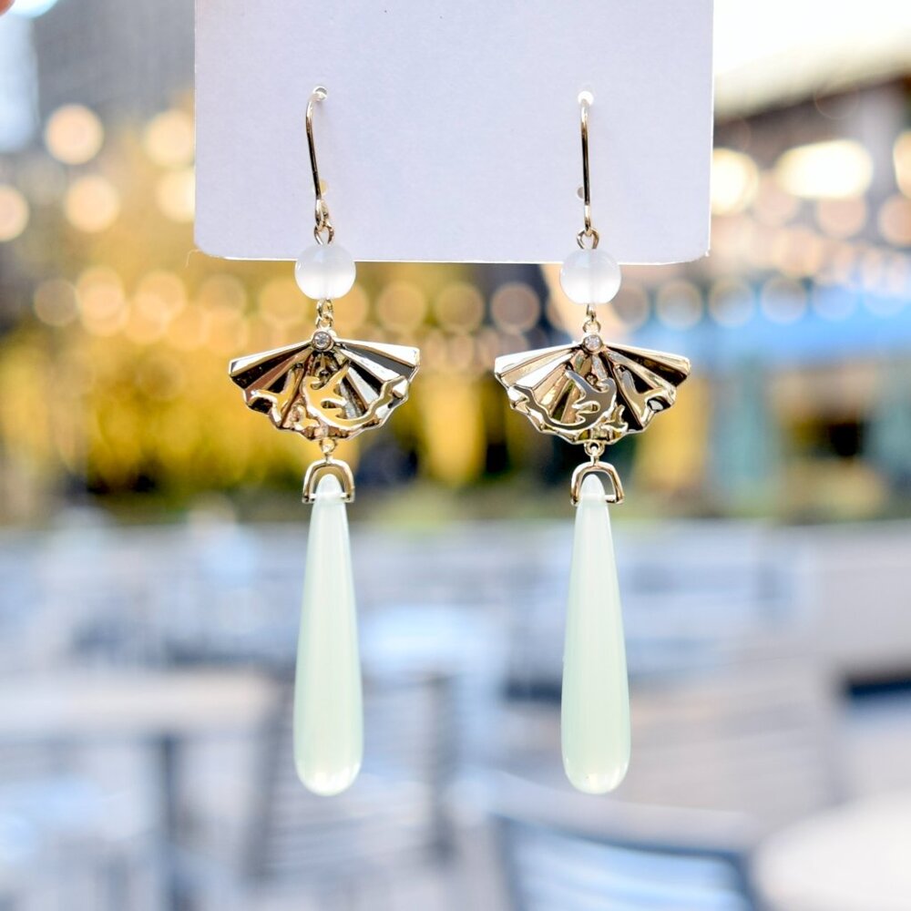 Golden Fan Green Teardrop Chinese Dangle Earrings